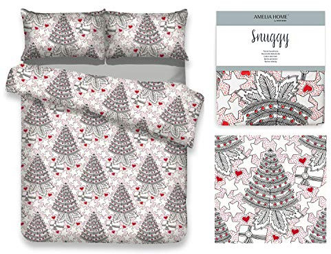 AmeliaHome 2tlg Biber Bettwäsche 155x220 cm mit 1 Kopfkissenbezug 80x80 cm 100% Baumwolle Bettbezug Reißverschluss Snuggy Merry Tannenbäume Sterne weiß rosa