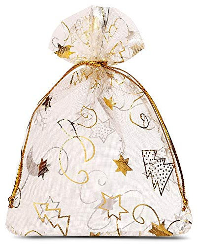 SAKETOS Weihnachten Organza Beutel 10 Stück Stoffsäckchen mit Weihnachts Motiv Geschenksäckchen Organzasäckchen mit Zugband Geschenkverpackung Weihnachts Dekoration I 9 x 12 cm - Ecru Weihnachten
