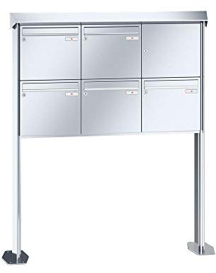 RENZ/Prisma / 5er Freistehende Briefkastenanlage Standbriefkasten / V4A-Edelstahl/Volumen 17 L/mit Fußplatten/Dein-Briefkasten.de