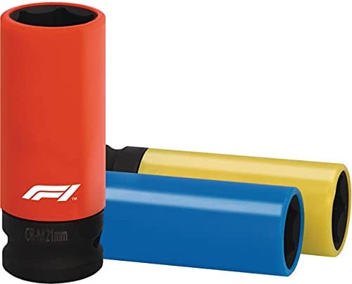 Formula 1 10806 Steckschlüssel Satz, Antrieb 44563 Zoll, SW 17/19/21 mm, Nüsse, Schonnüsse 3-teilig, zum Felgenschutz, für den Reifenwechsel, 50 x120 x 125 mm