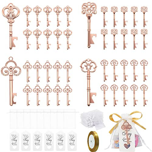 GEERDAN 40 Stücke Schlüssel Flaschenöffner, Geschenkanhänger, Durchsichtige Tasche, Partyzubehör, Hochzeit Gefälligkeiten antike rustikale Party Dekoration (Roségold)