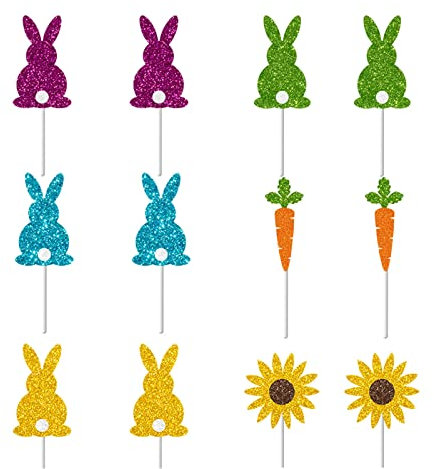 AVMBC Easter Cupcake Toppers Bunny Cupcake Toppers Carrot Cupcake Toppers Rabbit Cupcake Picks Happy Easter Theme Party Decorations (12Pcs)