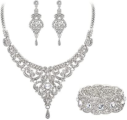 EVER FAITH Statment Schmuck-Set Kristall Retro 1920er Vase Art Deco Braut Prom Halskette, Ohrringe und Stretch Armband Set für Damen Hochzeit Party Klar Silber-Ton