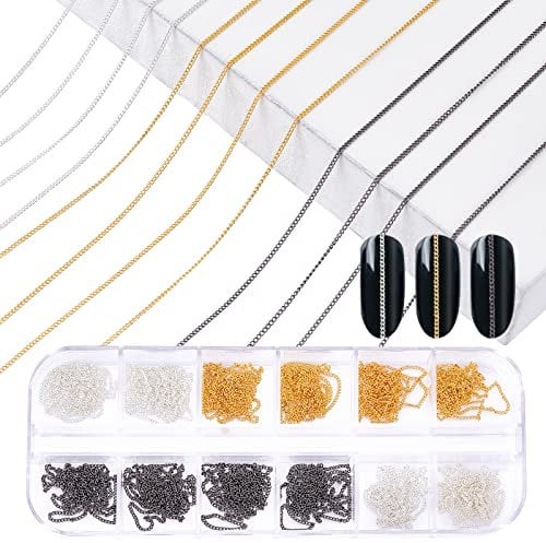 NICENEEDED 12 Strips Metal Nail Art Chains, Nail Chains Nail Decorations with Box, 3D Gold & Silver & Black Nail Chains Nail Ornaments Nail Art Studs for Manicure Decoration & DIY