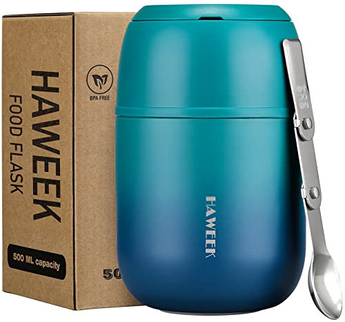 HAWEEK Contenedor de alimentos aislado de 17 onzas para sopa térmica para adultos de comida caliente, lonchera al vacío de acero inoxidable con cuchara plegable, termo portátil para adultos y niños
