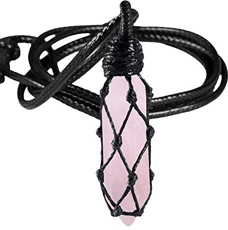 KYEYGWO Healing Crystal Stone Point Pendant Necklace for Men and Women, Crystal Hexagonal Pendant Reiki Healing Chakra Stone Necklace with Adjustable Wax Cord, Rose Quartz
