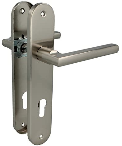 Amig - Juego de Manillas con Placa de Acero para Puertas - Mod. MAI PB85-240 x 45 mm - Cuadradillo de 8 mm - Diseño Elegante y Sencillo - Con Bocallave - Aluminio Níquel Cepillado