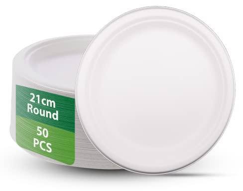 BIODORF Umweltfreundliche Einweggeschirr | 50 Zuckerrohr Teller (21cm) | Plastikfrei | Biologisch abbaubar Partygeschirr | Partyteller einweg