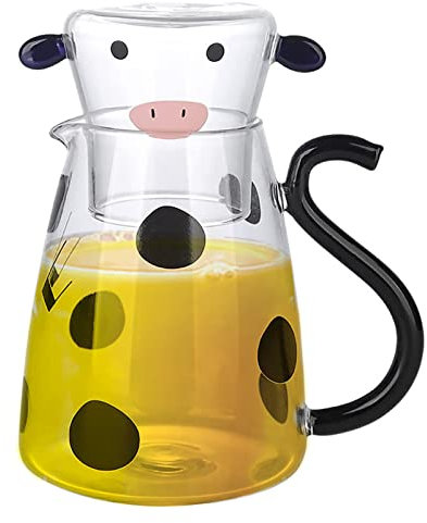 Tedious Cow Glass Pitcher | Cow Bedside Water Carafe 550/1800 ml | Cartoon Night Glass Carafe with Glass Cup Set | Cow Glass Pitcher Water Bottles Home Decor Kitchen Supplies