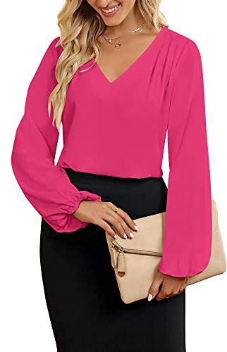 Roskiky Mujeres Negocios Casual Tops Blusas de Trabajo Dressy Manga Larga Plisado Cuello en V, Rosa, XL
