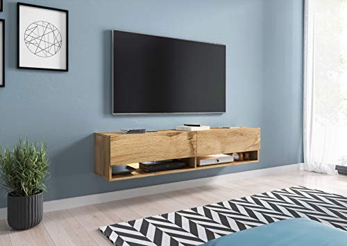 MINIO go for it - Lowboard TV-Schrank I 140x30x33 cm I mit Türen und Offene Nischen I Laminierte Spannplatte I Praktisch und Funktionell I Wotan Eiche - LED Beleuchtung