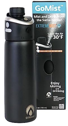 Extreme MIST - GoMist Misting & Drinking Bottle - Personal Mister - Cooling Water Bottle w/Easy-Drink Spout - Stainless-Steel Double Wall Insulated - Portable Mist Bottle - Midnight Black, 25oz/750ml
