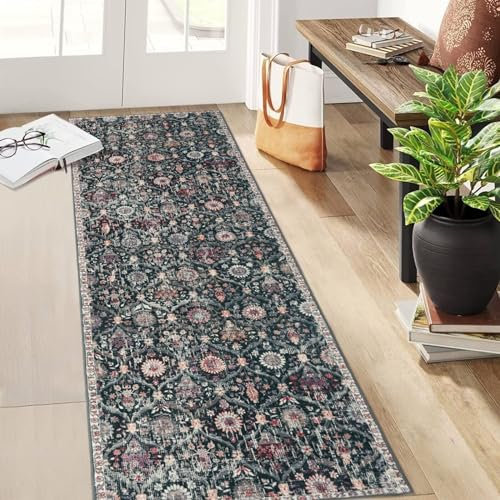 Lahome Marokkanischer Flurteppich, 60 x 200 cm, rutschfest, waschbar, Läufer für Flur, ultradünner Orientteppich für Eingangsbereich, Waschküche, Schlafzimmer, Badezimmer, Schwarz/mehrfarbig