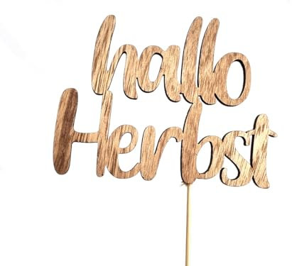 meindekoartikel 4 Dekostecker Hallo Herbst Blumenstecker aus Holz - Natur - Höhe 26,5 cm