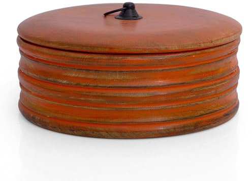Handcrafted Wooden Mexican Tortilla Warmer Basket Indian Chapati Roti Bread Holder Box Pancake Keeper Serveware Hot Pot Casserole Dish With Lid Home Kitchen Dining Decor, Natural Brown, 22 x 10 cms