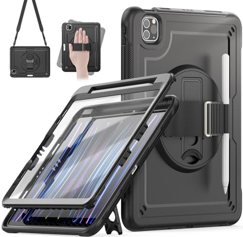 timecity Hülle für iPad Air 5./4. Generation, Stoßfest Robuste Hülle für iPad Pro 11,mit Displayschutzfolie,360-Grad-Drehbarer Ständer/Handschlaufe, Stifthalter, für iPad Air 10.9 2022,Schwarz