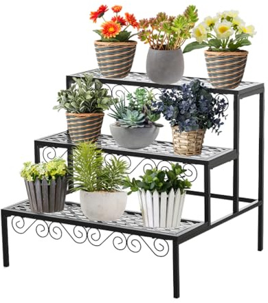 BAOYOUNI Support pour Plantes Interieur à 3 Niveaux, Porte Pot de Fleurs Exterieur en Acier au carbone, Rectangle Étagère Présentoir pour Coin Salon Balcon Jardin Bureau, Noir