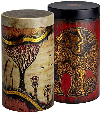 Dose Africa je 500g - 2er Set - mit afrikanischen Motiven aufwendig lackiert, Drehverschluss - Vorratsdose, Kaffee- Teedose lebensmittelecht - Ø 10,9cm Höhe 19,0cm