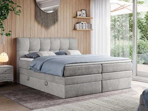 MKS MEBLE King Boxspringbett 160x200 Mit Bettkasten, Polsterbett Mit Multipocket-Matratze H3, Kopfteil Und Topper - Hellgrau Velvet - Alvin