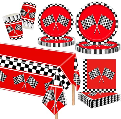 MORAINJAY 97 Pezzi Decorazioni Festa a Tema Bandiera da Gara, Set Compleanno Racing, F1 Piatti di Carta, Bicchieri di Carta, Tovaglioli, Forniture per Feste di Compleanno a Tema Auto da Corsa