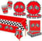 MORAINJAY Ensemble de Vaisselle Fête Course Automobile F1 97 Pièces,Assiettes,Tasses,Serviettes,Drapeaux de Course, Accessoires de Fête Automobile,Décoration de Table pour Anniversaire Voiture