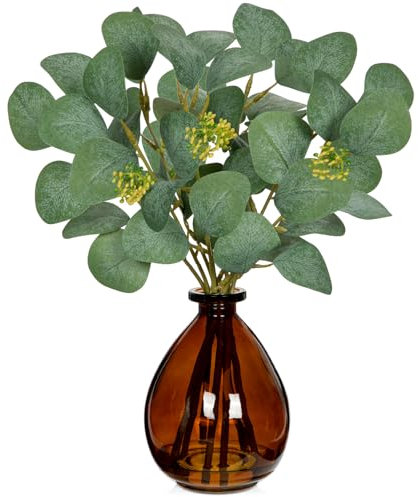 Oairse Fake Plants Artificial Eucalyptus Stems in Glass Vase with Faux Water 34cm Fake Plant Eucalyptus Leaves Greenery Faux Silver Dollar Leaves for Home Table Centerpiece Shelf Decor
