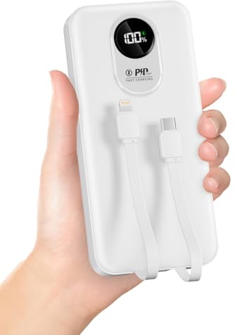 Powerbank 30000mAh con Cavi Integrati: 22.5W Batteria Esterna Ricarica Rapida con Grande Capacità, 4 uscite e 2 ingressi-Bianco 1.5×20000 mAh Power Bank