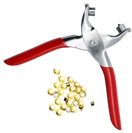 SEWOART Lederlochzange aus Kohlenstoffstahl mit 4-5mm Stanzen Gürtellocher Zange für Leder und Kunststoff Inklusive 100 Ösen für Bastelarbeiten und Werkstatt