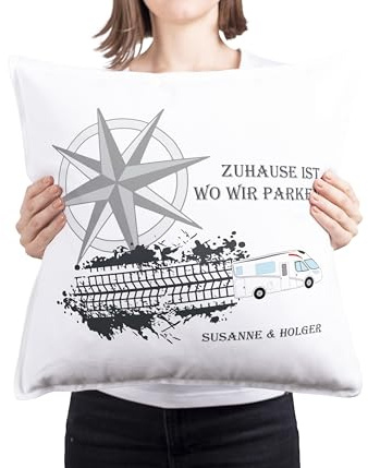 DRUC KLAUS Camping Kissen personalisiert – Wohnmobil Kissen mit Spruch & Namen, 40x40 cm, Camper Deko & Geschenkidee