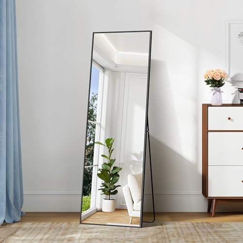COFENY Miroir sur Pied 147 x 44 cm, Miroir Mural avec Cadre en Aluminium, Grand Miroir Mural Rectangulaire Penché ou Suspendu pour Salon, Chambre, Entrée, Noir