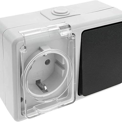 Base Schuko con interruptor estanco, ideal para exteriores y espacios húmedos, proporcionando seguridad y funcionalidad.