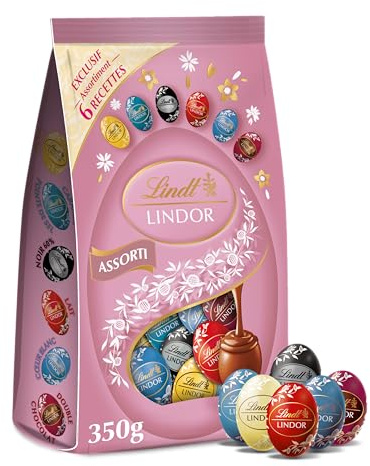 Lindt - Sachet d'Œufs LINDOR - Assortiment de Chocolats 6 recettes - Idéal pour Pâques, 350g