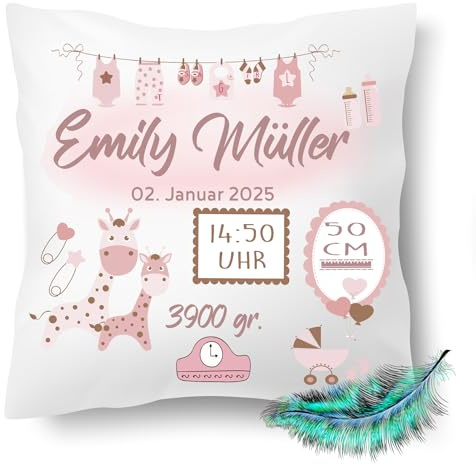 Print Deluxe Personalisiertes Geburtskissen mit Namen und Geburtsdaten für Mädchen inkl. Füllung 40x40cm | Babykissen| Fotokissen | bedrucktes Geschenke zur Geburt, Taufe (ohne Kissenfüllung)