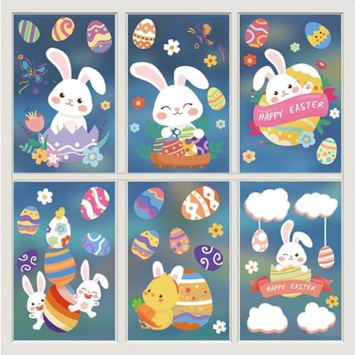 Fensterbilder Ostern Kinder, Fensteraufkleber Ostern Selbstklebend, Fenstersticker Wiederverwendbar mit Ostereier Hasen, Fenster Aufkleber Deko Kinderzimmer (Hase, Weiß)
