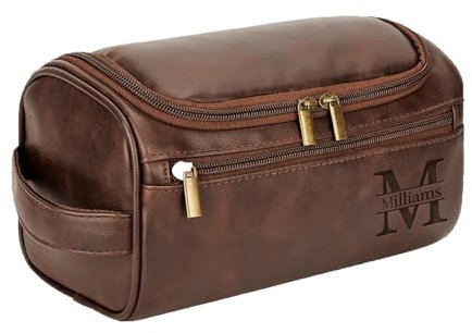 Kiddo Sky Trousse de Toilette Personnalisée Homme Sac Organisateuer de Toilette Trousse Personnalisable en Cuir pour Voyage Gym Business Vacance Cadeau Fête des Pères Mariage (Café foncé)