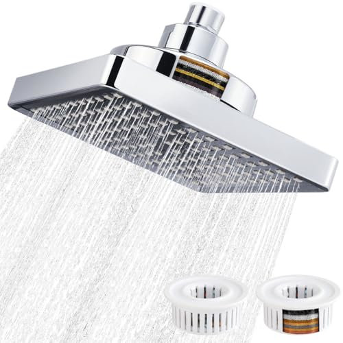 High Pressure Rain Shower Head with 2 Filter, Square Fixed Shower Head with Adjustable Brass Swivel Ball, G1/2 Universal Fitting, Chrome, 6 Square High Pressure Rainfall Showerhead