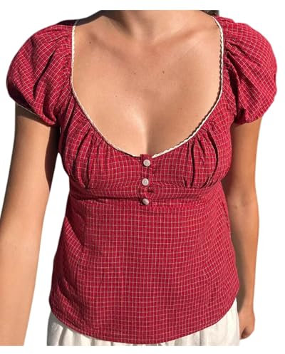 Women Y2K Ruffle Crop Top Short Puff Sleeve V Neck Lace Trim Button Down T-Shirt Summer Fairy Grunge Babydoll Blouse Tee (Red F, M)