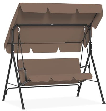 HENGMEI Hollywoodschaukel Gartenschaukel 3-Sitzer Gartenliege Schaukelbank Metall Garten Schaukel mit Verstellbarem Sonnendach Hängeschaukel mit Liegefunktion(176x110x152cm, Dunkelbraun)