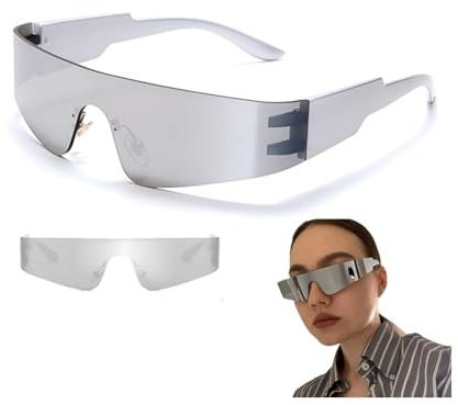 Futuristische Sonnenbrille, Alien Techno Brille, Schnelle Verspiegelte, Rahmenlos Space Sonnenbrille Techno Rave Glasses Alien Kostüm Zubehör für Herren Damen Rollenspiel Cosplay Faschingsparty,Silber