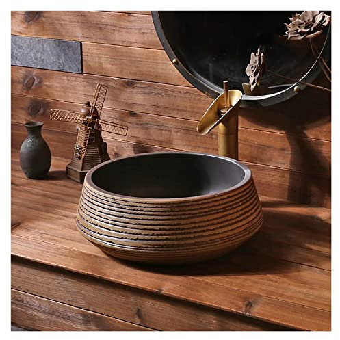 JKJZSALJ Bathroom Vessel Sink,Round Above Counter Porcelain Ceramic Sink Bowl Vintage Art Wash Basin And Pop Up Drain,Line Textured