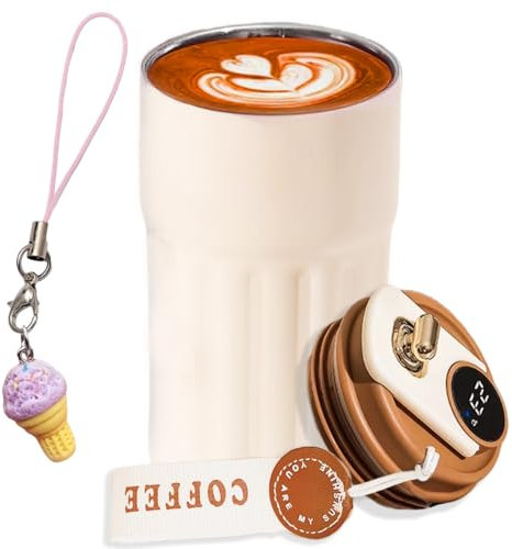 Reusable 450ml Smart Travel Mug with LED Temperature Display, Leakproof Vacuum Insulated Coffee Cup, 316 Stainless Steel Thermal Flask for Hot & Cold Drinks, Coffee & Cream Colour, BPA-Free