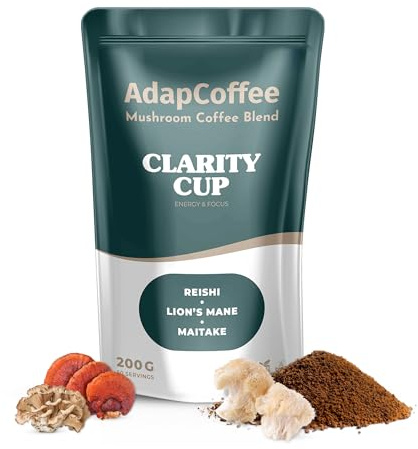Clarity Cup – Café Champignons Adaptogènes – Lion's Mane Reishi – 50 Tasses | Maitake, café Arabica, cacao brut & chicorée – sans sucres, sans gluten, vegan. Extraits corps du champignon.