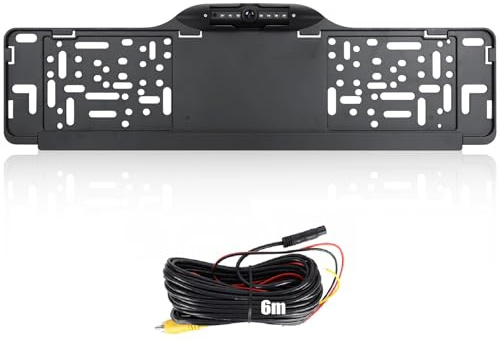 CAMECHO Reverse Backup Camera EU License Plate Frame Holder Car Parking Color Night Vision with 7 LED IP67 Waterproof Wide Angle AHD 1080P/720P/CVBS/PAL Rear View Camera for Cars Vans SUVs, 6m Cable