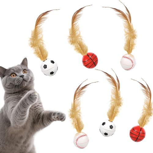 6 Stück Katzenspielzeug Ball mit Federn, Hüpfender Katzenbälle Spielzeug, Interaktives Hüpfbälle Katzen Spielzeug für Kätzchen, Durchmesser 3cm Ball für Interactive, Training, Jagen, Schlagen