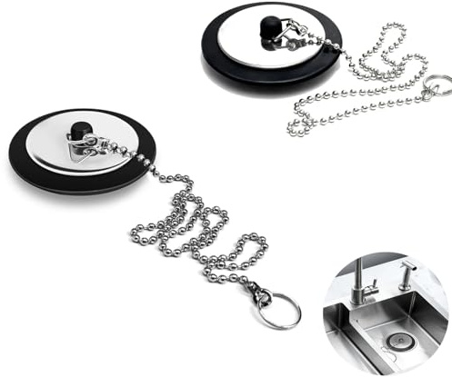 2 Pièces Bouchon Baignoire Universel, Bath Plug with Stainless Steel Chain, Bouchon d'Evier Cuisine, pour Évier,Salle de Bain et Cuisine (Taille 4.3cm Chaîne 40cm)