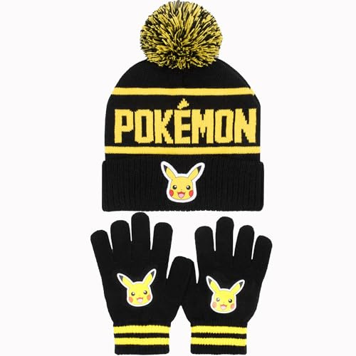 Pokemon Mütze und Handschuhe, Winterzubehör, warmes Strickset, Geschenk für Jungen, Pikachu