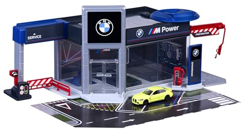 Majorette - Diorama BMW - 1 Véhicule Inclus - Station Service - Pompe à Essence, Atelier Mécanique, Ascenseur, Garage à Voitures - sous Licence Officielle - A Partir de 3 Ans