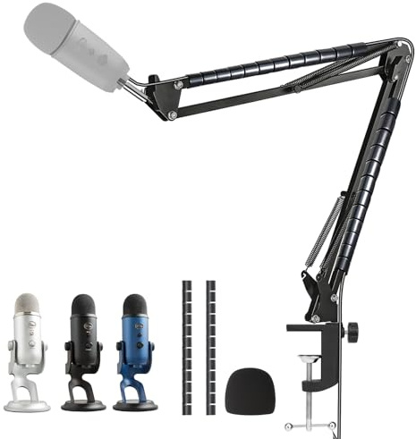 WIBOND Bras de perche de micro compatible avec Blue Yeti, support de micro avec adaptateur à vis de 0,95 cm à 1,5 cm, manchon de câble, housse en mousse de micro, pince de bureau
