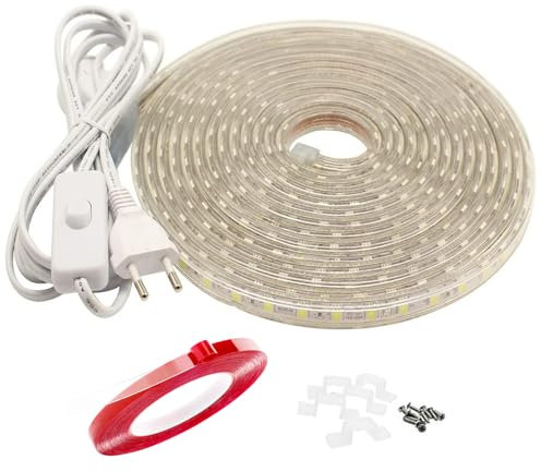 Q.Laomi 10M LED Stripes mit Schalter und Stecker, LED Strip IP65 Wasserdicht Led Lichtstreifen, LED Streifen 230V für Innen und Außenbeleuchtung Projekte, Weiß