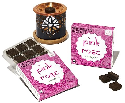 Pink Rose Incense Bricks (2 x 9 Bricks) & Oriental Burner by Aromafume | Made with Rose & Rose Extracts | Ideal for Romance, Sensuality, Good Vibrations | Natural, Low Smoke, Non-toxic Incense Bricks